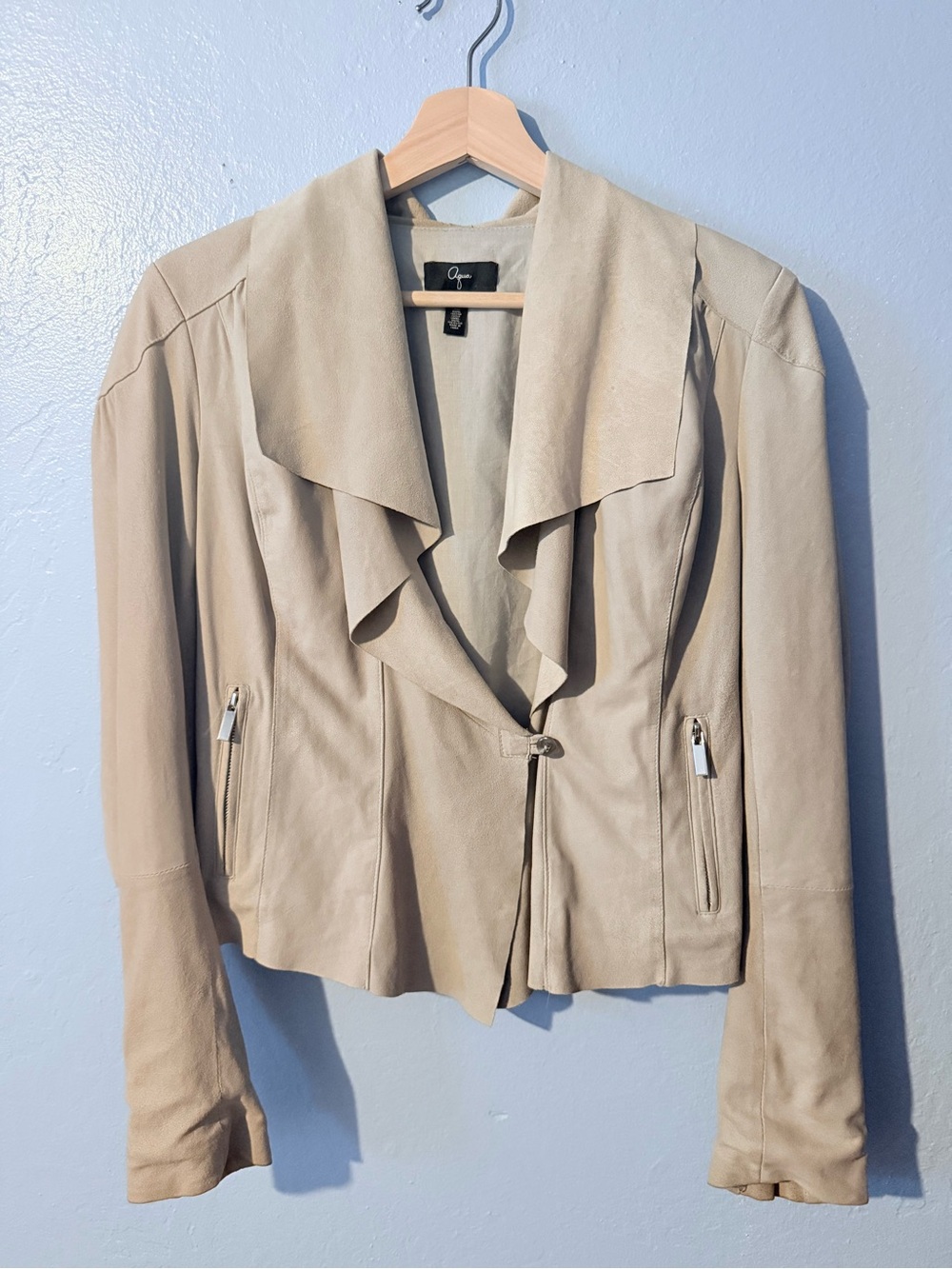 Aqua Taupe Draped Genuine Leather Jacket